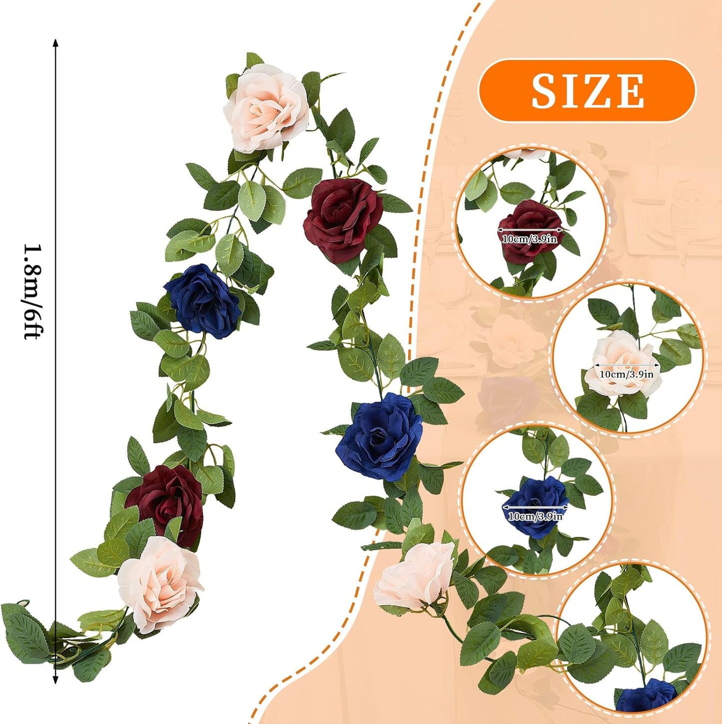 Artificial Rose Garlands Rose Vines Leaves Banners Hanging Floral Garland Fake Rose Flower Vine for Wedding Arch Ceremony Home Garden Outdoor Party Wall Decorations