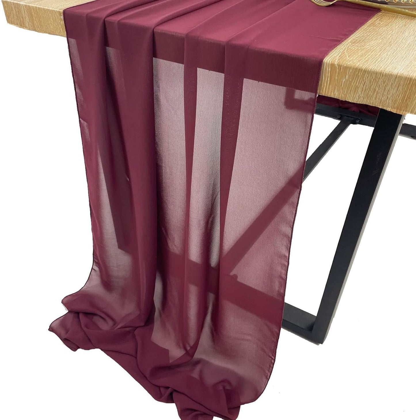 EHLDekol 10ft Chiffon Table Runners 29x120 inches Romantic Sheer Wedding Table Runner Top Table Bridal Party Decoration (Burgundy, 10ft)