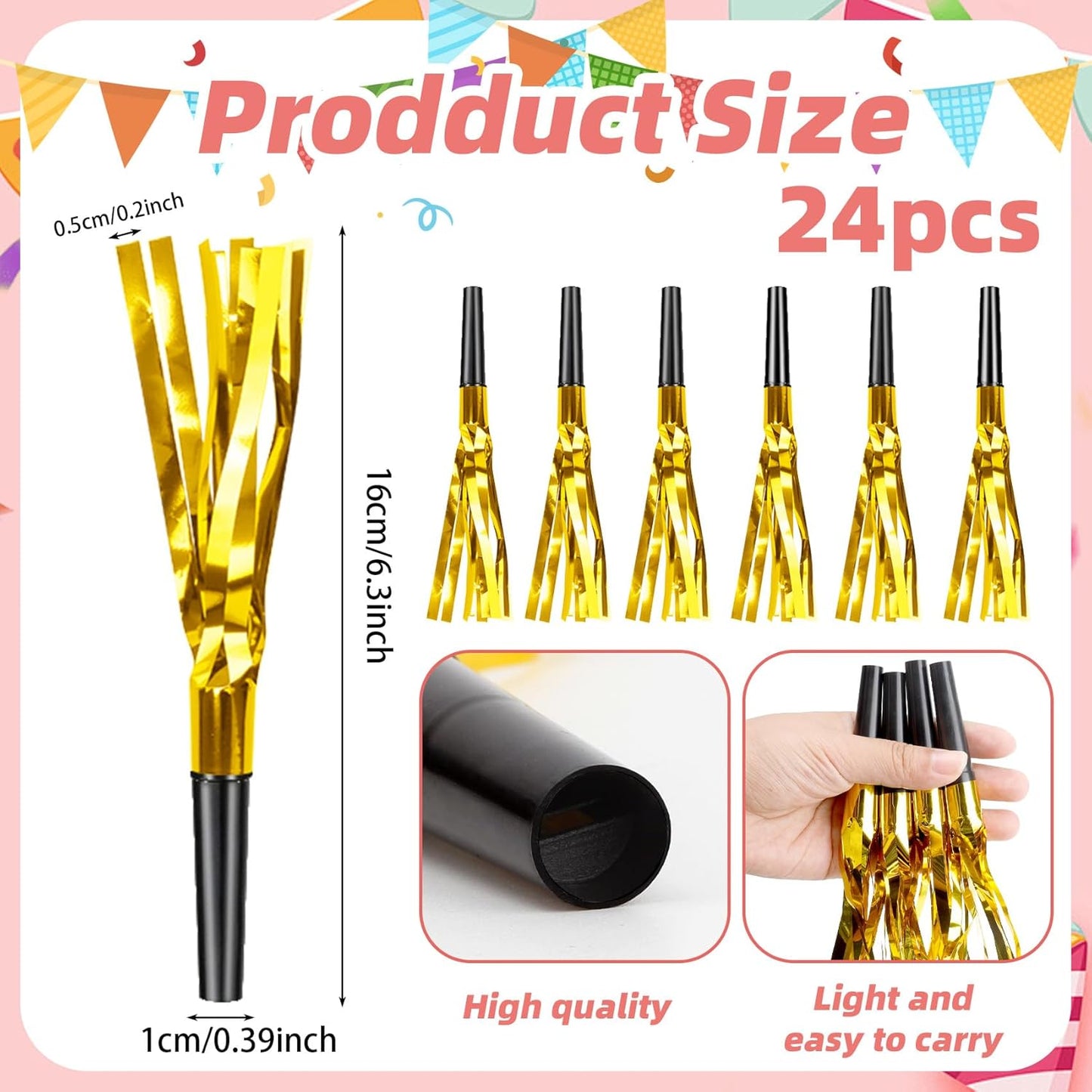 Party Blowers, 24 PCS New Years Noise Makers, Gold Glitter Metallic Fringed Party Favors Blowouts, Blow Horns Whistles for Kids Birthday Graduations Christmas Weddings Family Sporting Events Supplies