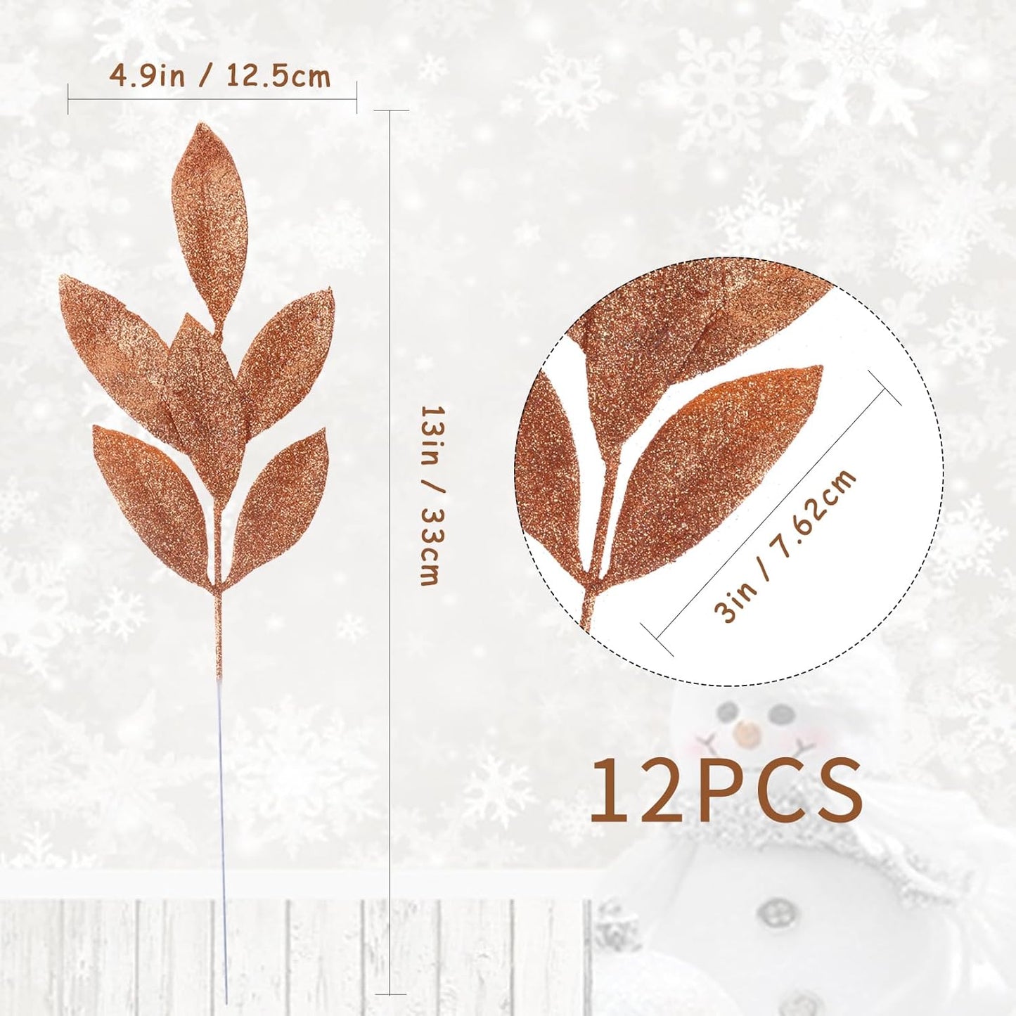 GREENTIME 12 Pack Artificial Brown Glitter Leaves 13" Fake Christmas Picks Decorative Glitter Sticks for Vase Christmas Tree DIY Wreath Crafts Fireplace Decor