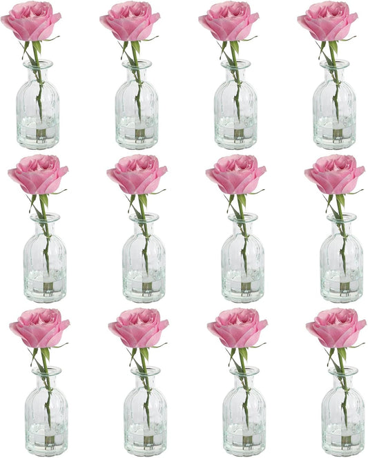 Set of 12 Glass Vases Bud Vases in Bulk, Small Vase for Flowers, Clear Vases Set for Rustic Wedding Decorations, Home Table Flower Decor, Shelf Decor Mini Vases 2.85"X 5.4"