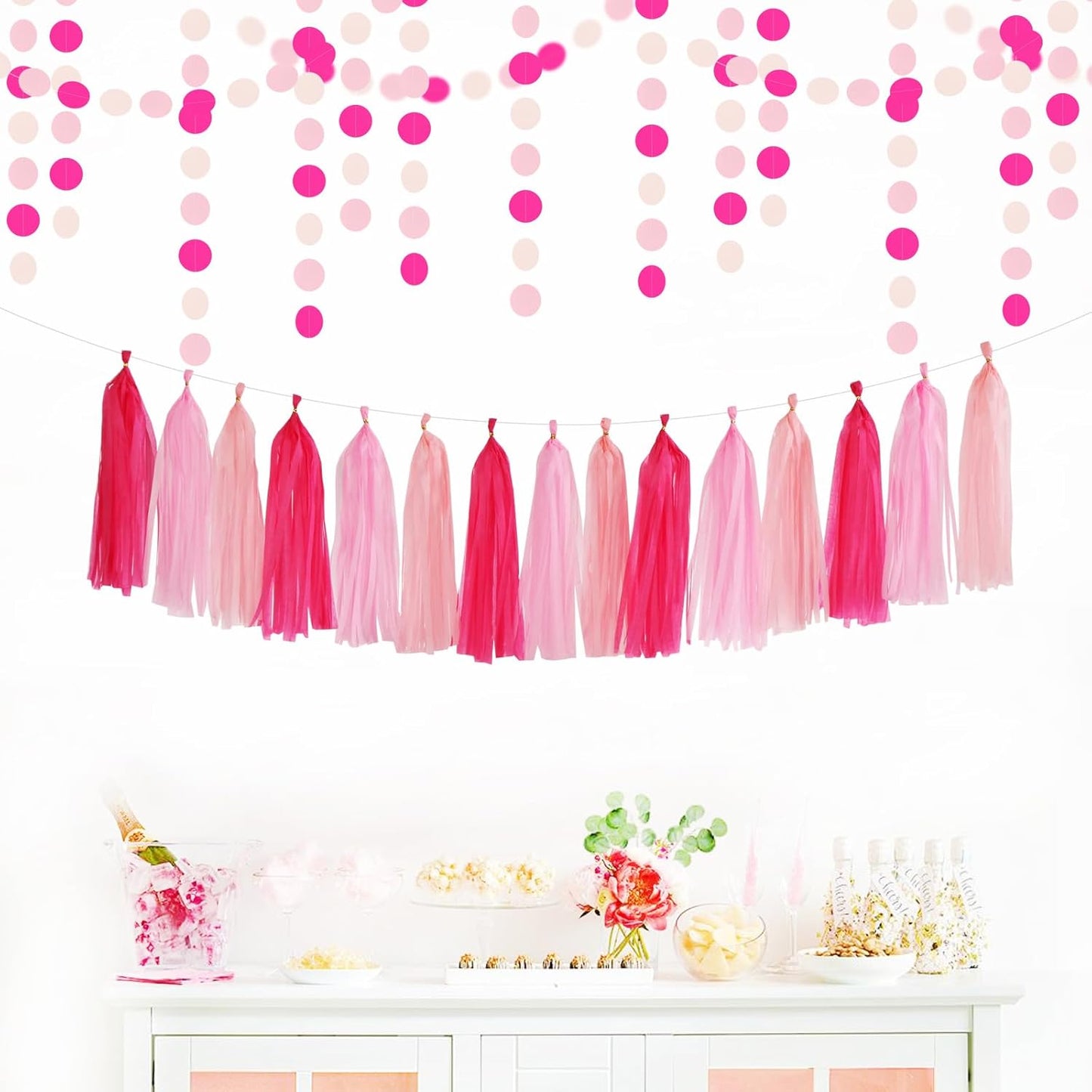 Rose Hot Pink Party Decorations - 23pcs Girl Birthday Baby Shower Tissue Pom Poms Streamers, Bachelorette Bridal Wedding Engagement Supplies Tassel Garland Banner, Favors Decor Ouruola