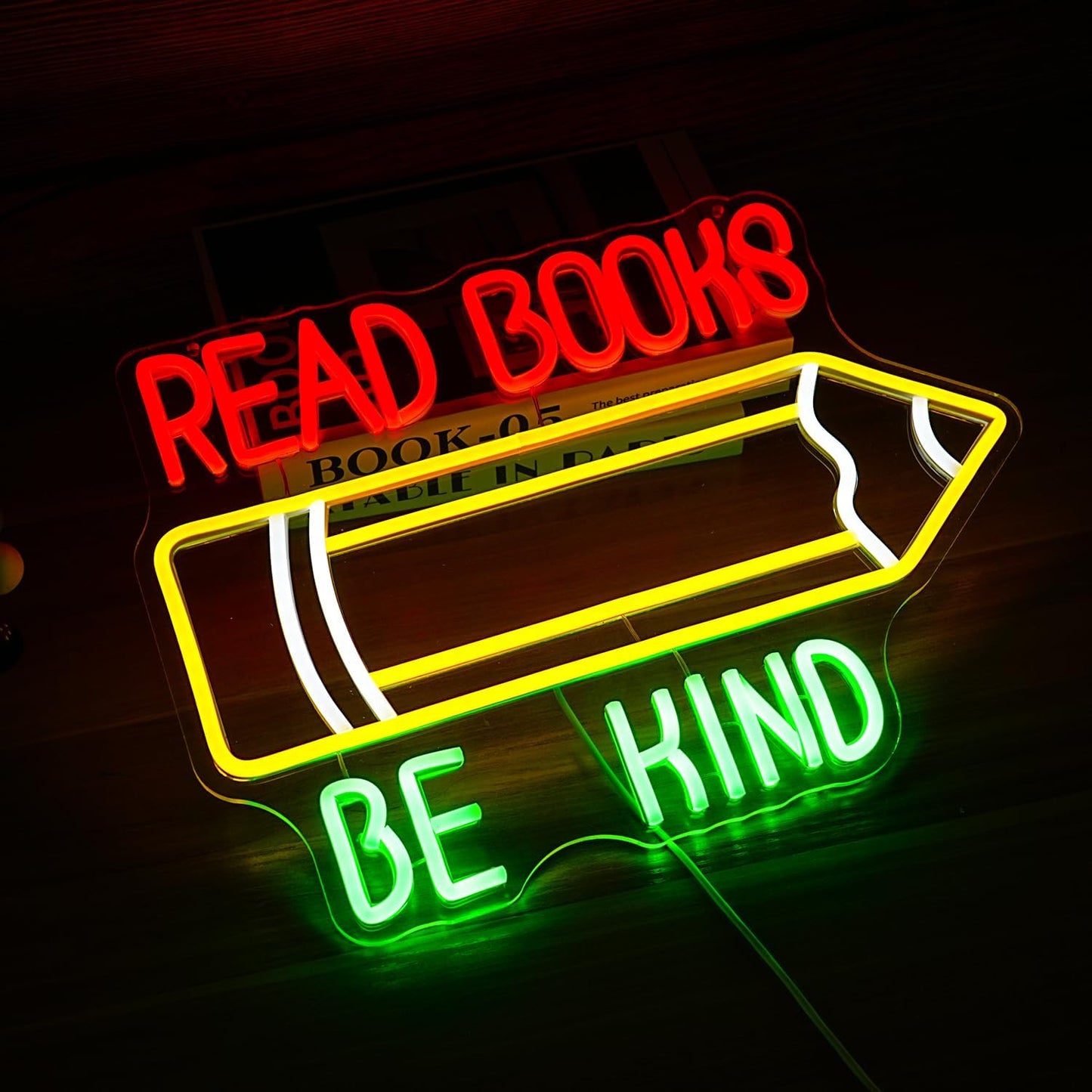 Read Books Be Kind Neon Sign Pencil Led Neon Light for Wall Decor USB Powered Be Kind Neon Light Sign Dimmable Read Books Light Up Sign for Classroom Study Room Library Bedroom Bookstore (16.5*12.8In)
