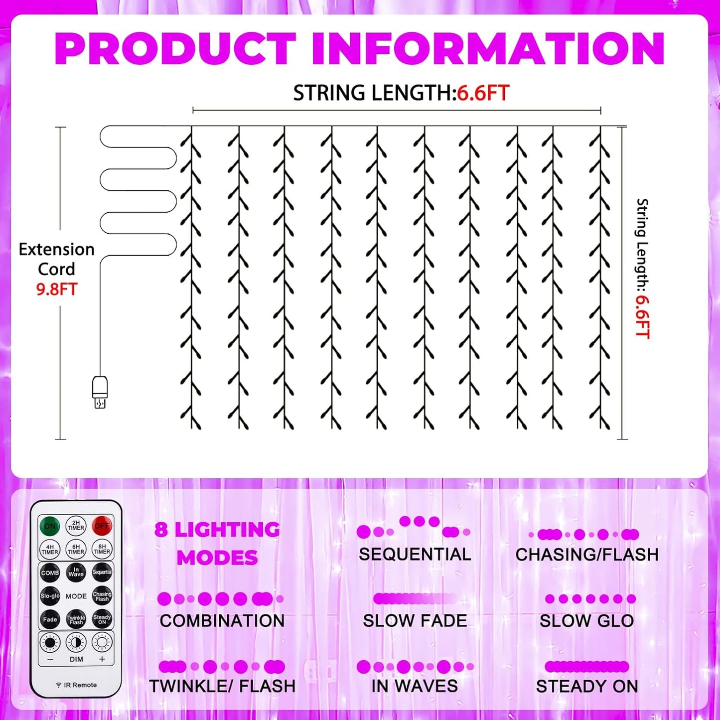 Curtain Light for Bedroom, 200LED 6.6x6.6ft Pink Window Wall Hanging Fairy Curtain String Light, 8 Modes Remote Fairy String Lights Indoor for Wedding Party Home Garden Decorations