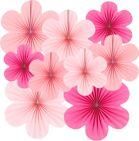 SUNBEAUTY Paper Decoration, Set of 9 - Hot Pink Flower Hanging Ornaments, Party Fans & Floral Backdrop for Weddings, Baby Showers, Birthdays & More