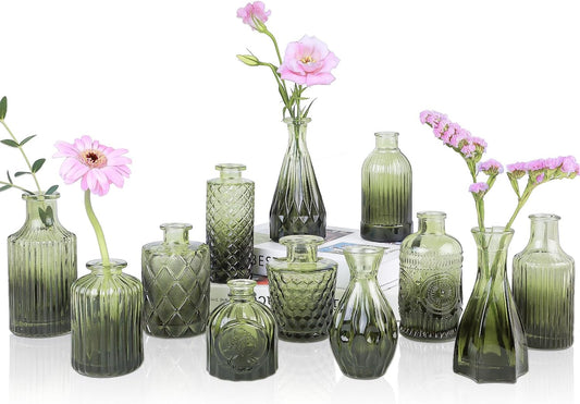 Green Glass Bud Vases Set of 12, Mini Flower Vase for Centerpieces, Small Glass Vases in Bulk for Wedding Decorations, Vintage Vase for Bridal Shower, Party, Recepetion, Home Table Décor