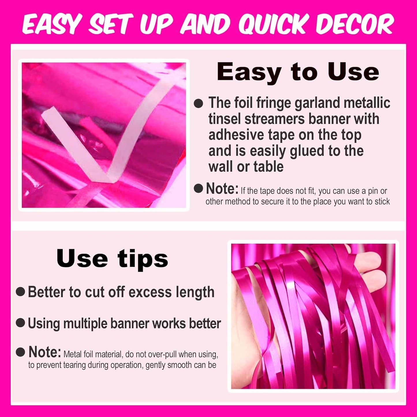 6 Pack 10 Ft Fuchsia Foil Fringe Garland Metallic Streamers Tinsel Banner Wall Hanging Garland Backdrop for Parade Floats, Halloween, Christmas, Thanksgiving, New Year Party Decorations