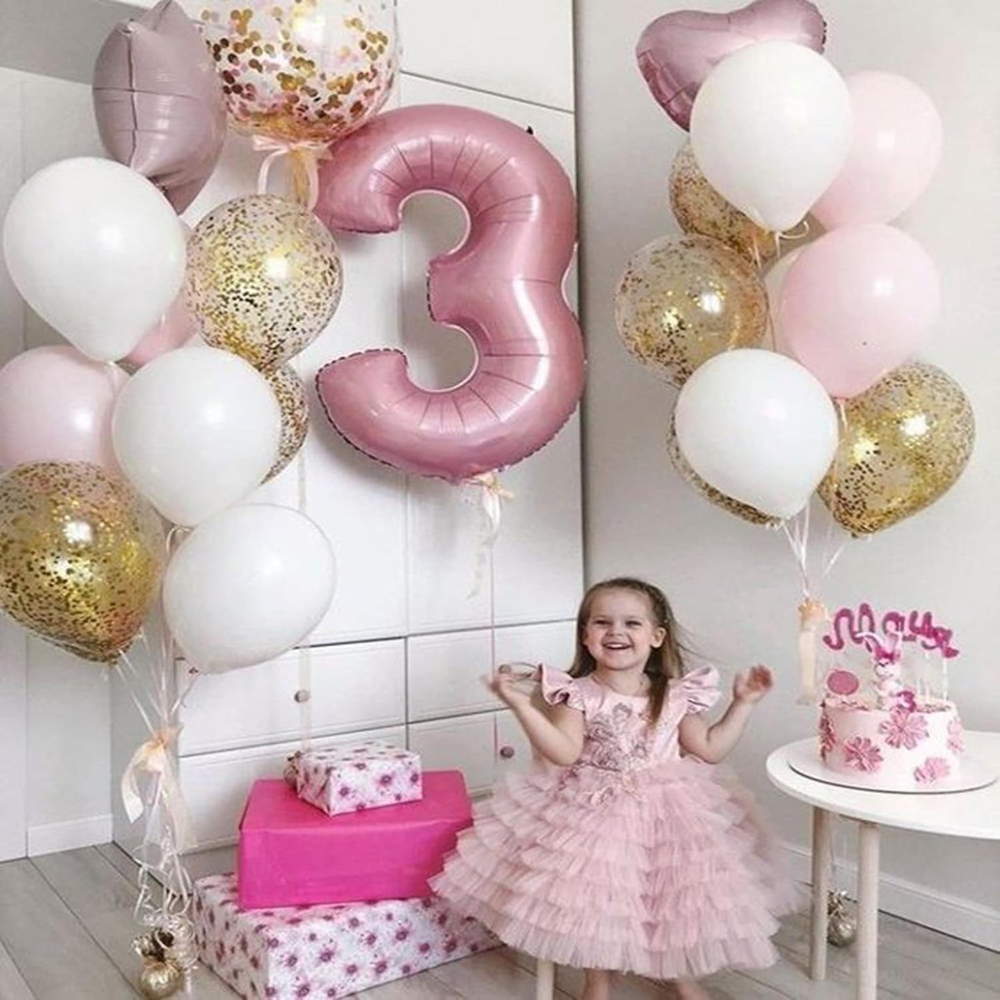 Light Pink 3 Number Balloon, 40 Inch Jumbo Pearl Light Pink Helium Foil Number 0-9 for Girls, Self Inflating 3rd Birthday Balloon for Girl Anniversary Graduation Princess Party Decorations Supplies