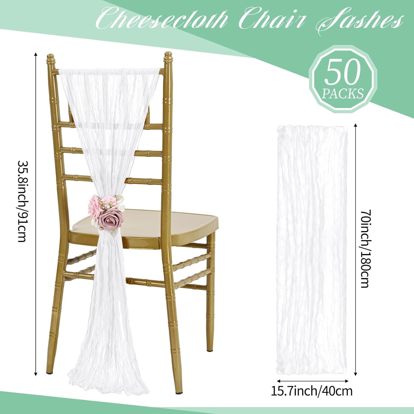 50 PCS Cheesecloth Chair Sashes, Bows Designed ChairSashes, 15.7x70 inch Chair Sashes for Aisle Decorations Universal Chairs Cover Decoration for Wedding Reception Party Banquet (White)