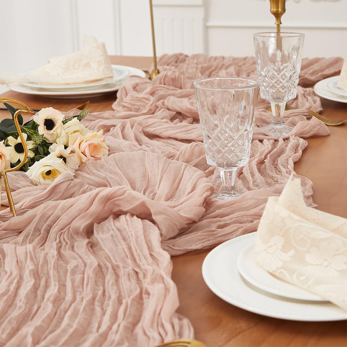 Nude 2 Pack Cheesecloth Table Runner 120 Inch 10 FT Boho Rustic Gauze for Wedding Baby Shower Party Farmhouse Summer Home Decor Washable