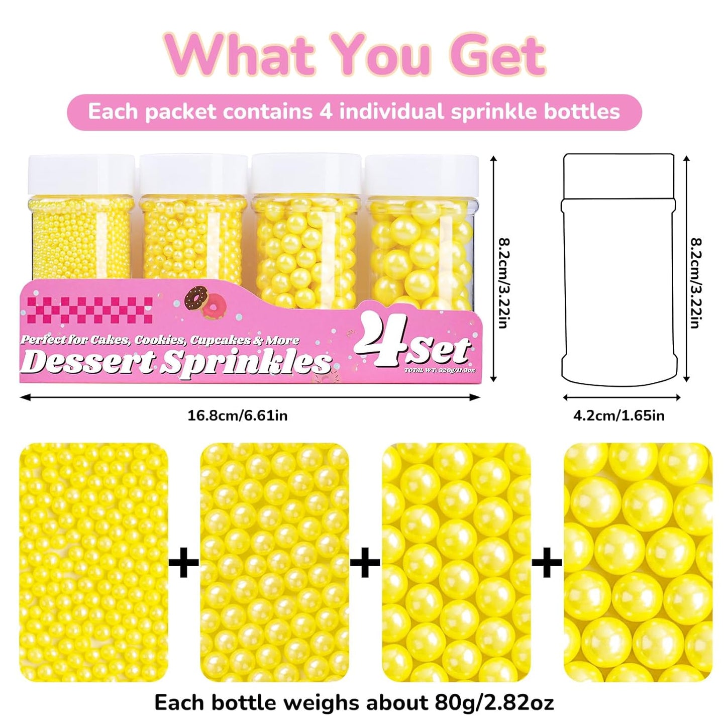 Yellow Pearl Sprinkles for Cake Decorating, 11.3 Oz Edible Pearls Sugar 4 Sizes Gift Box Set for Baking Cookie Ice Cream Cupcake Toppings