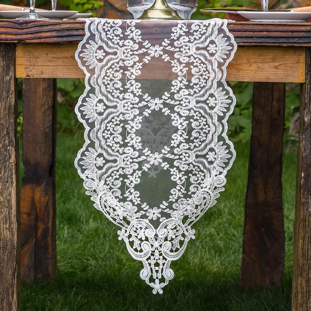 ARTABLE Rectangle Table Runner Lace Macrame Embroidered Table Runners with Exquisite Vintage Shabby Chic for Holiday Wedding Long Dinner Tables (White, 12 x 60 Inch)