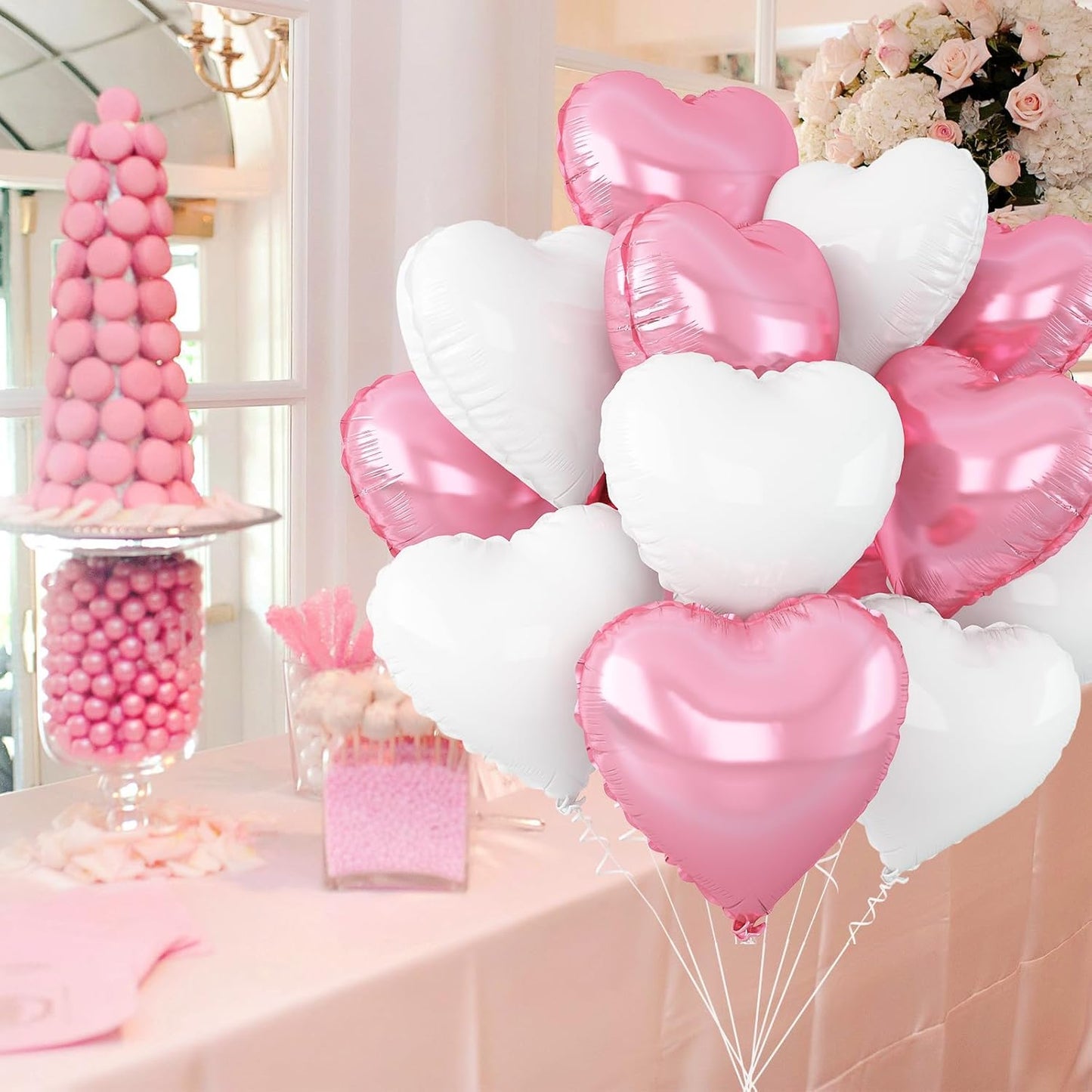 Pink White Heart Balloons,12Pcs Light Pink Heart Shaped Foil Balloons,18Inch White Helium Polyester Film Balloon for Baby Shower Birthday Anniversary Wedding Party Decorations