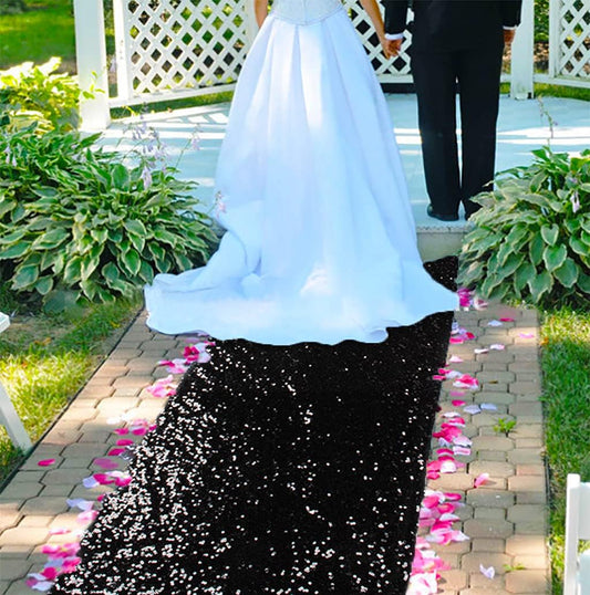 ShinyBeauty 4FT x 15FT Black Aisle Runner Tape | Shimmer Fabric Wedding Floor Runners with Glitter Carpet for Elegant Events