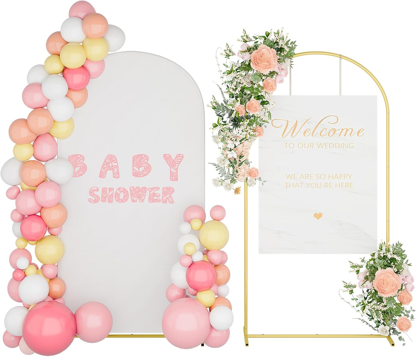 UDEAR 7.2FT Metal Arch Stand with White Cover, Arc Design with Fitted Cover, for Weddings, Parties, Baby Showers, Climbing Plants, Photo Backdrops