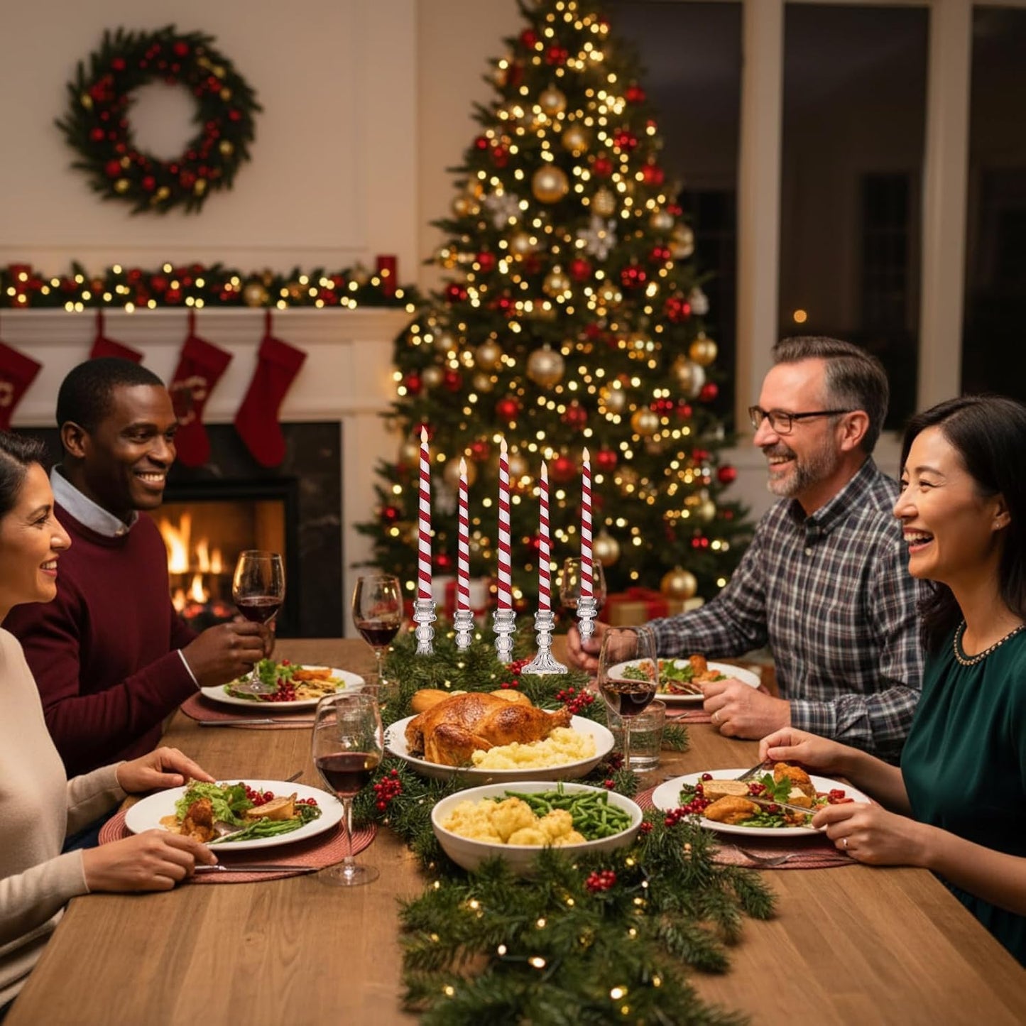 Baquler 6 Pcs Christmas Flameless Taper Candles 10.6 Inch Glitter Candy Cane Candles Battery Operated LED Christmas Candlesticks for Xmas Centerpiece Holiday Party Decor