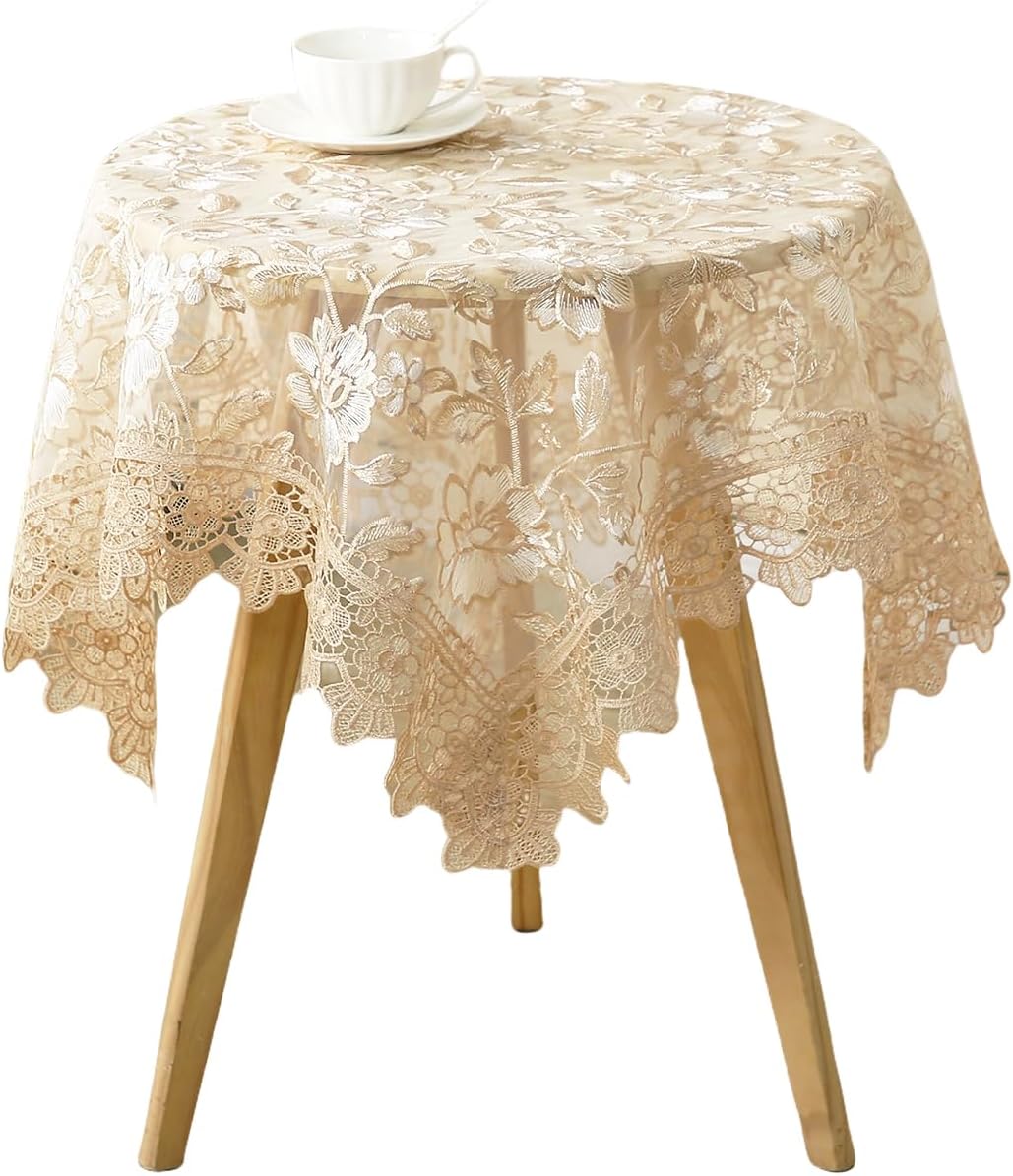 Round Embroidered Lace Tablecloth Vintage Decorative Exquisite Border Table Cover for Party Wedding Home Decorations, Round-60, Beige