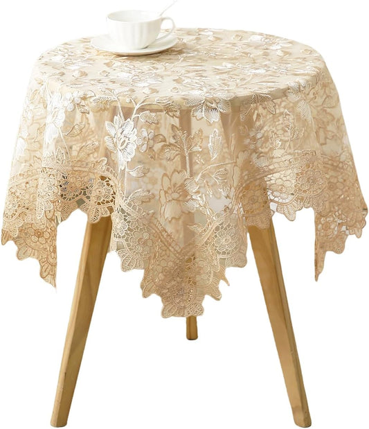 Round Embroidered Lace Tablecloth Vintage Decorative Exquisite Border Table Cover for Party Wedding Home Decorations, Round-35, Beige
