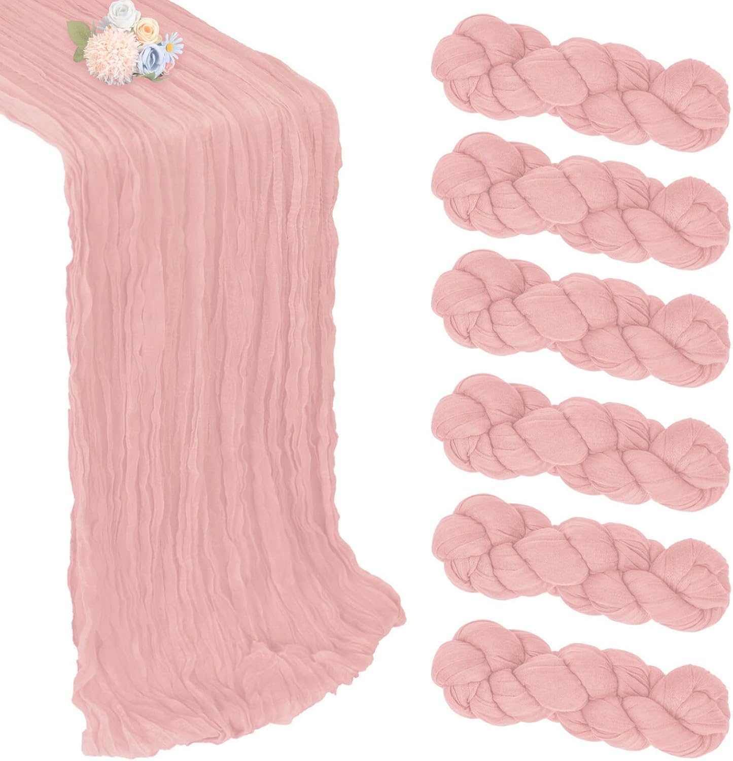 6 Pack Dusty Pink Cheesecloth Table Runner 10ft Boho Gauze Fabric Cheese Cloth Table Runner 35 x 120 Inch Rustic Sheer for Romantic Wedding Decor Baby Shower Party Table Centerpiece Decoration