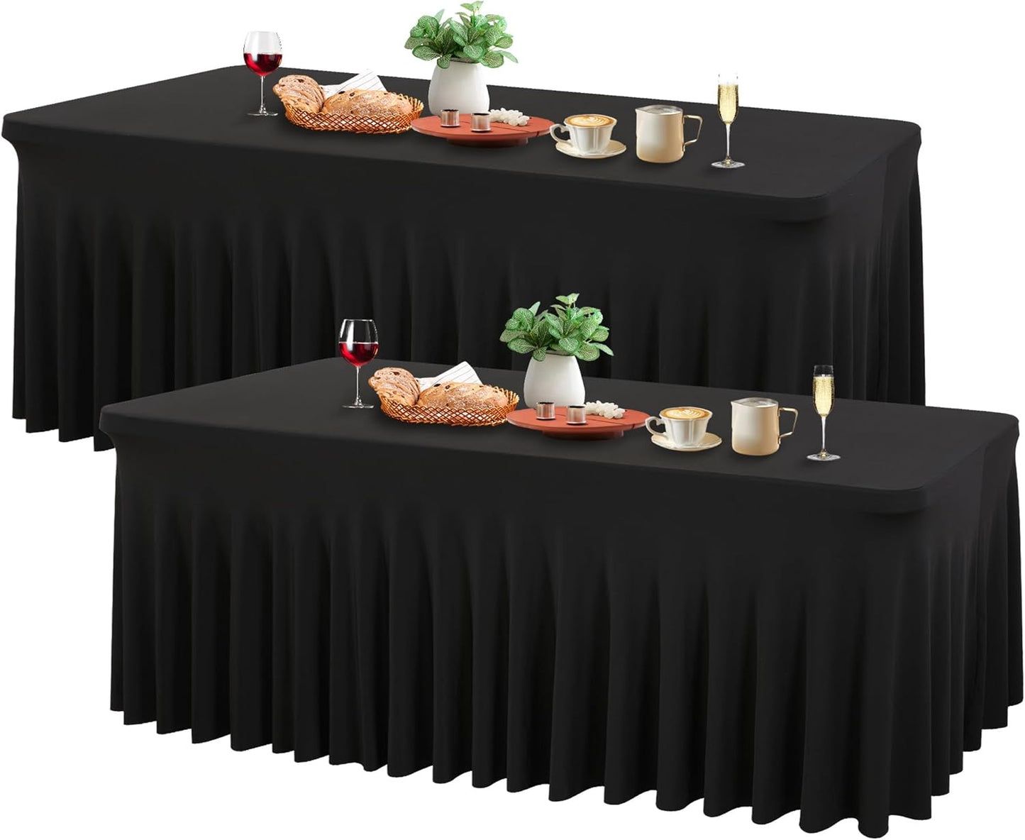 Wish Care 2 Pack Black Spandex Table Cloths for Rectangle Tables 8ft - One-Piece Wrinkle Free Fitted Table Cover 8 Foot Stretch Tablecloths for Party, Banquet, Wedding and Events
