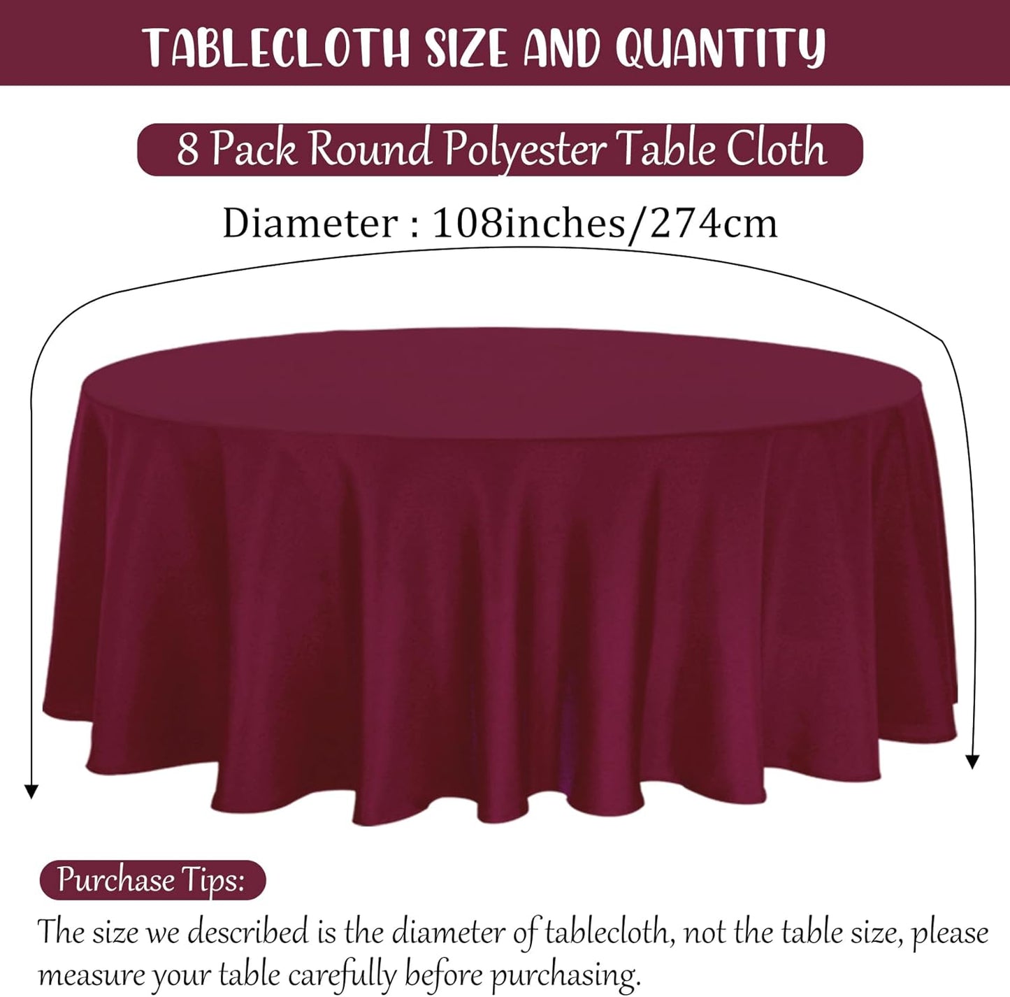8 Pack Premium Round Tablecloth 108 Inch Round Table Covers Bulk Washable Polyester Fabric Round Table Clothes for Wedding Party Reception Banquet Buffet Restaurant (Burgundy, 108 Inch)