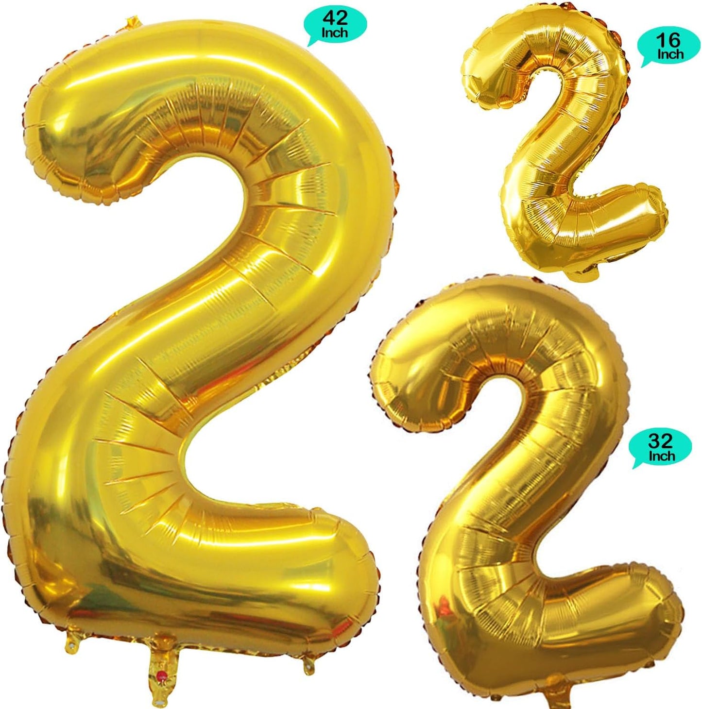 GOER Gold Foil Balloons Number 2,Huge Number Balloons for 2nd Birthday Party Supplies Anniversary Decorations(3 pcs,42 inch,32 inch,16inch)