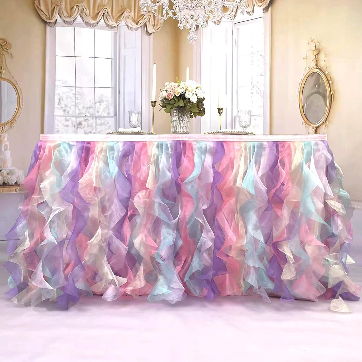 Luxury Organza Mesh Table Skirt Draping Floating Romance - Perfect for Bridal Showers, Birthday Weddings - Clear Flowing Decoration for a Wonderful Main Cake Table (Colorful-6ft, 72" L×30" H)