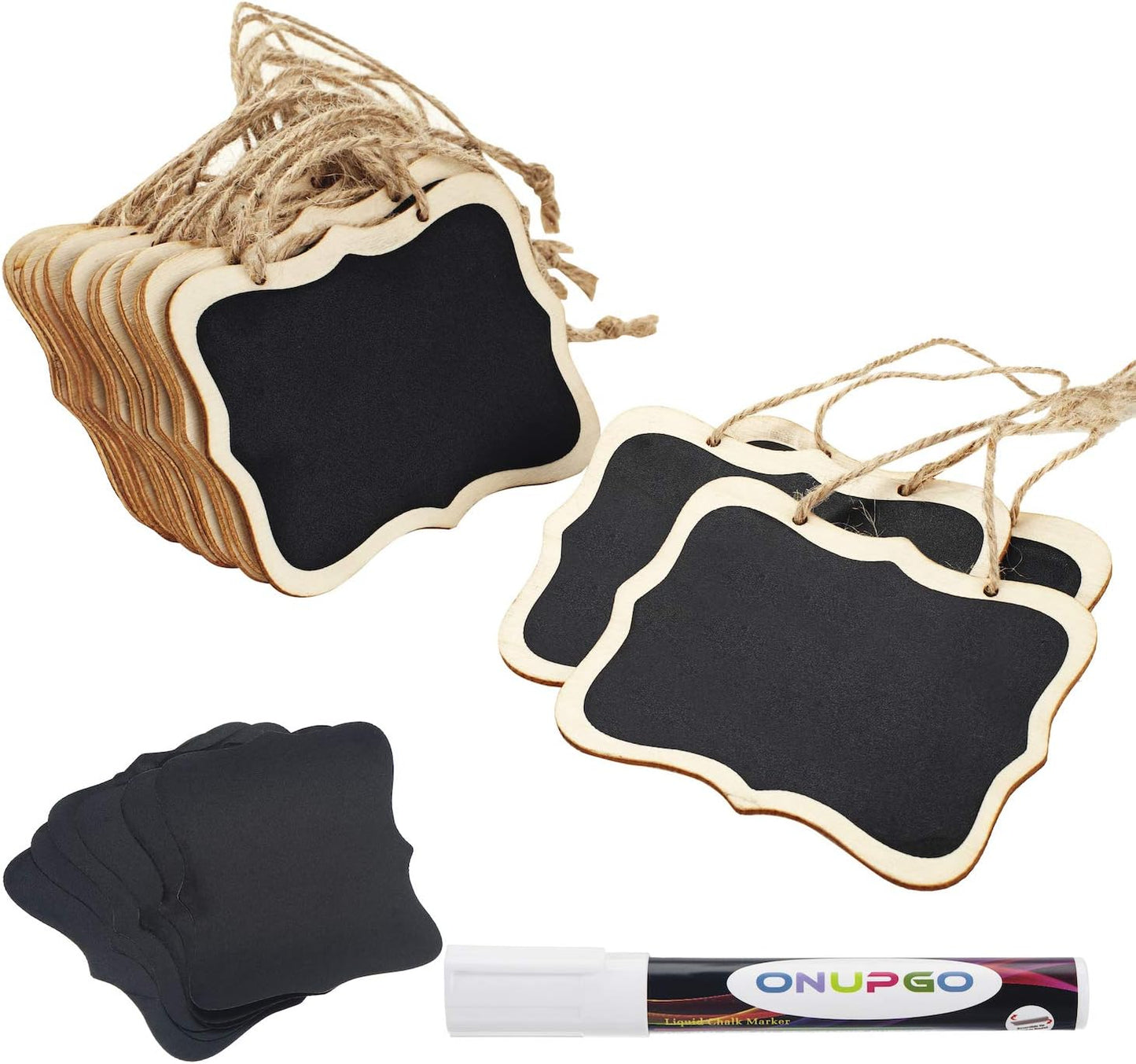 ONUPGO 16 Pack Chalkboard Tags with String, 4"x3" Hanging Chalkboard Signs with Liquid Chalk Marker, Wooden Mini Blackboard Tags Massage Board Tags, Hanging Chalkboard Price Tags