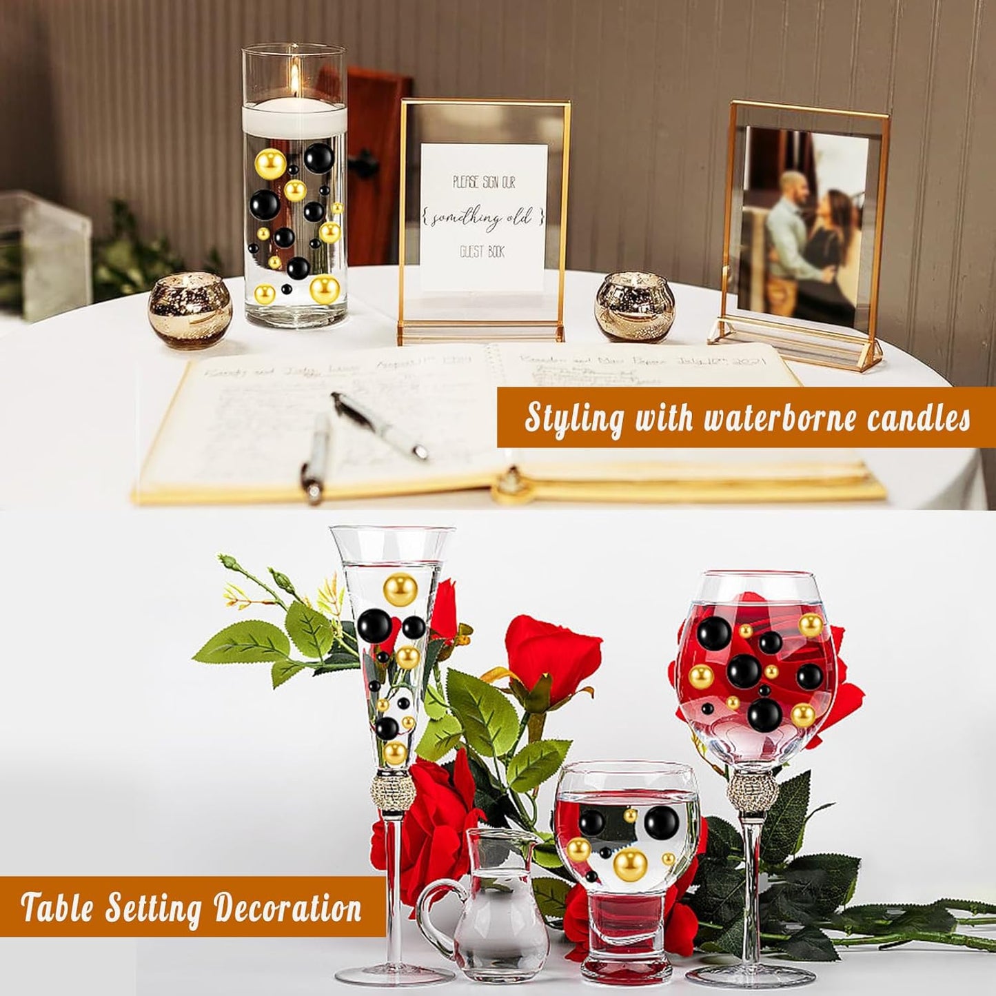 300Pcs Vase Filler Black No Hole Faux Pearl Beads for Vase Filling Decorations, Candle Centerpieces, Wedding Centerpieces, Home Party Decor (8/14/20mm)