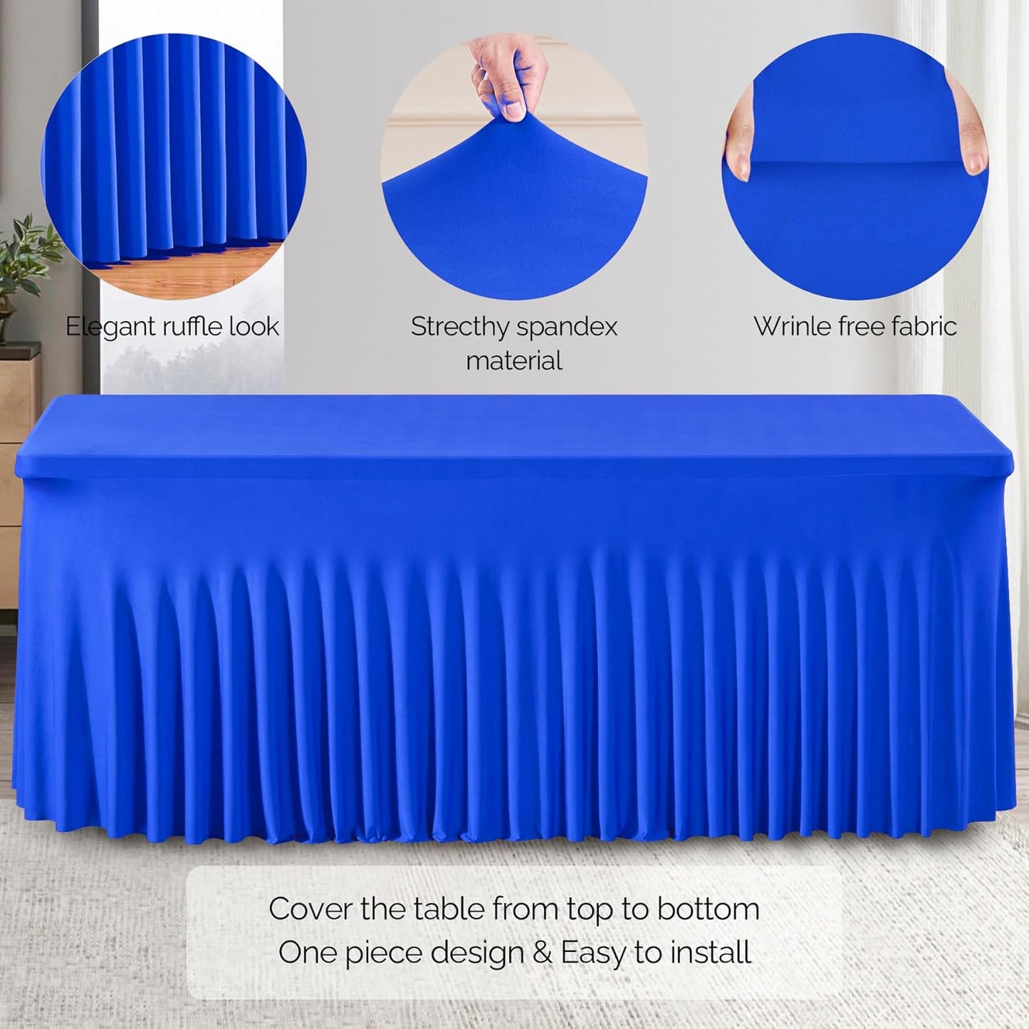 Wish Care 2 Pack Royal Blue Spandex Table Clothes for 4 Foot Rectangle Tables, 4FT Wrinkle Free Fitted Tablecloths Ruffles Design Table Cloth for Party, Banquet, Wedding and Events