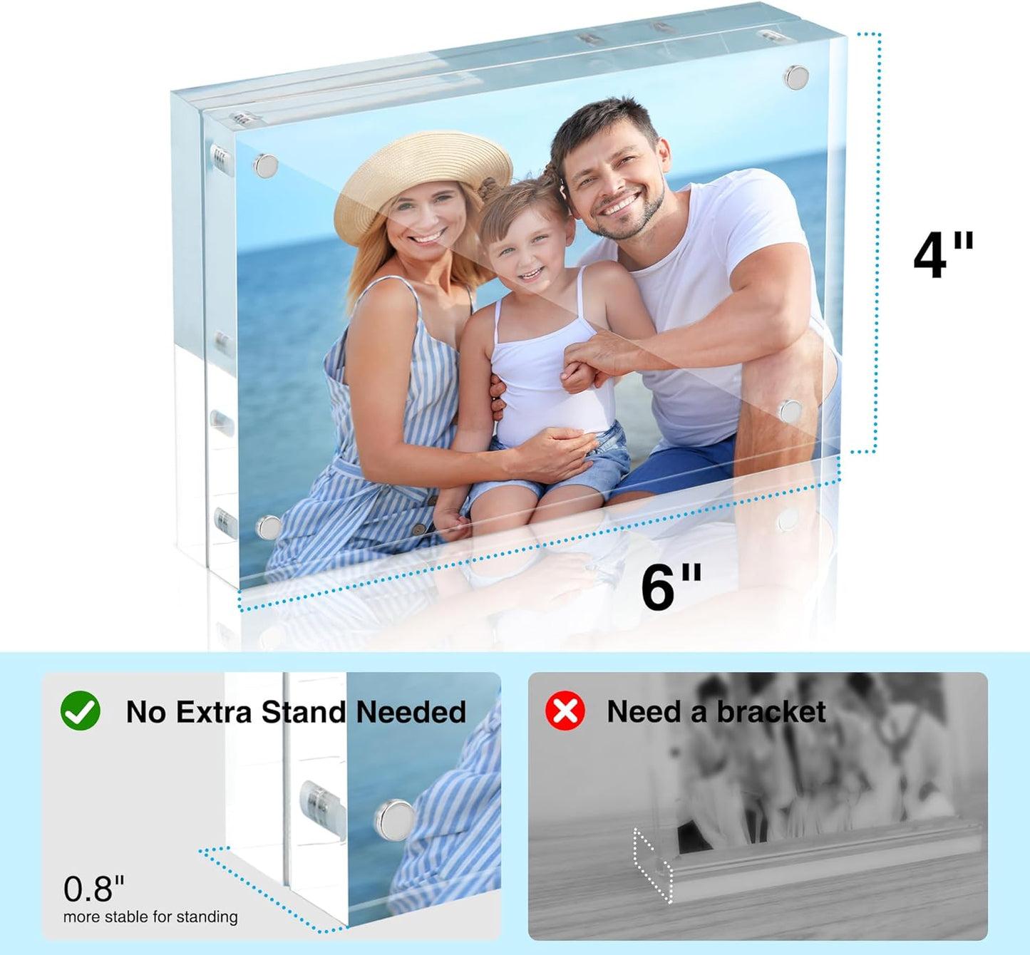 HOUSE DAY Acrylic Picture Frames 4x6, 3 Pack Magnetic 4 x 6 Picture Frame, Double Sided Clear 4x6 Photo Frame with Microfiber Cloth, Frameless FreeStanding 4x6 Frame Gift for Desktop Display