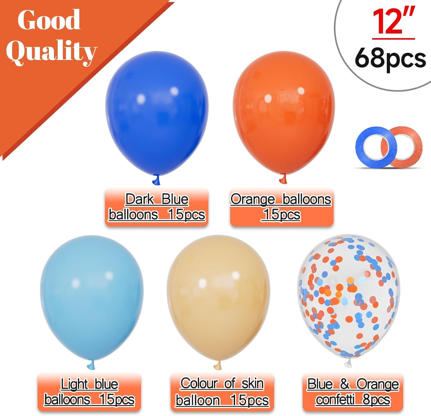 68Pcs Blue and Orange Balloons 12 Inch Nude Color Deep Light Blue Balloon for Birthday Party Decorations Confetti Blue and Orange Graduation Decorations.