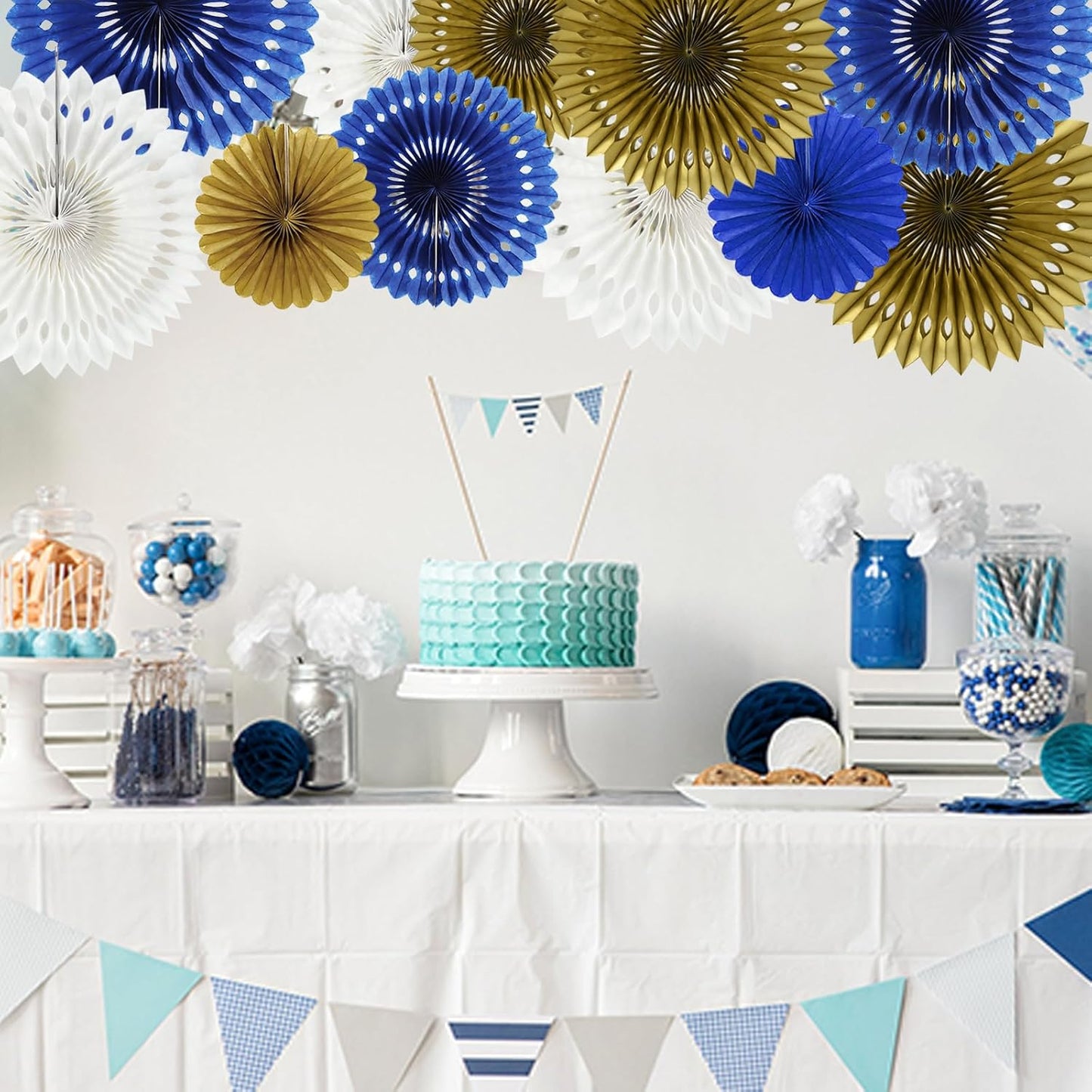 BEISHIDA Blue Gold White Hanging Honeycomb Round Paper Fans Decoration Set for New Year Baby Shower Birthday Wedding Bachelorette Photo Booth Backdrops Anniversary Paper Party Supplies（11packs）