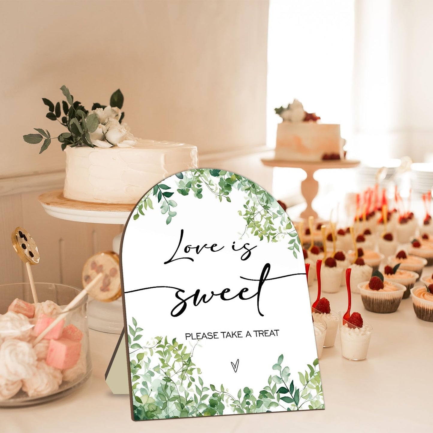 Love is Sweet Please Take A Treat Sign, Love is Sweet Sign for Baby Shower, Bridal Shower Decor Supplies, Eucalyptus Leaf Decoration Wedding Sign Favors for Guests 9 * 11IN