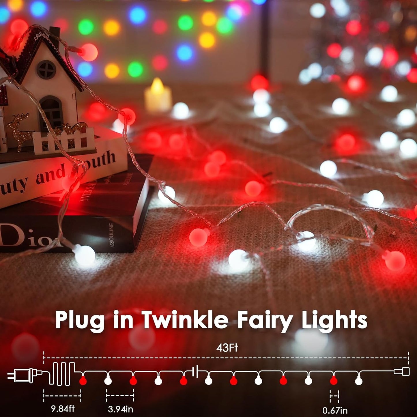 43FT 100LED Connectable Christmas String Lights Indoor Outdoor - Red and White Fairy Lights Plug in with Remote & 8 Modes, Globe Twinkle Light for Christmas Decorations Bedroom Room Tree Party