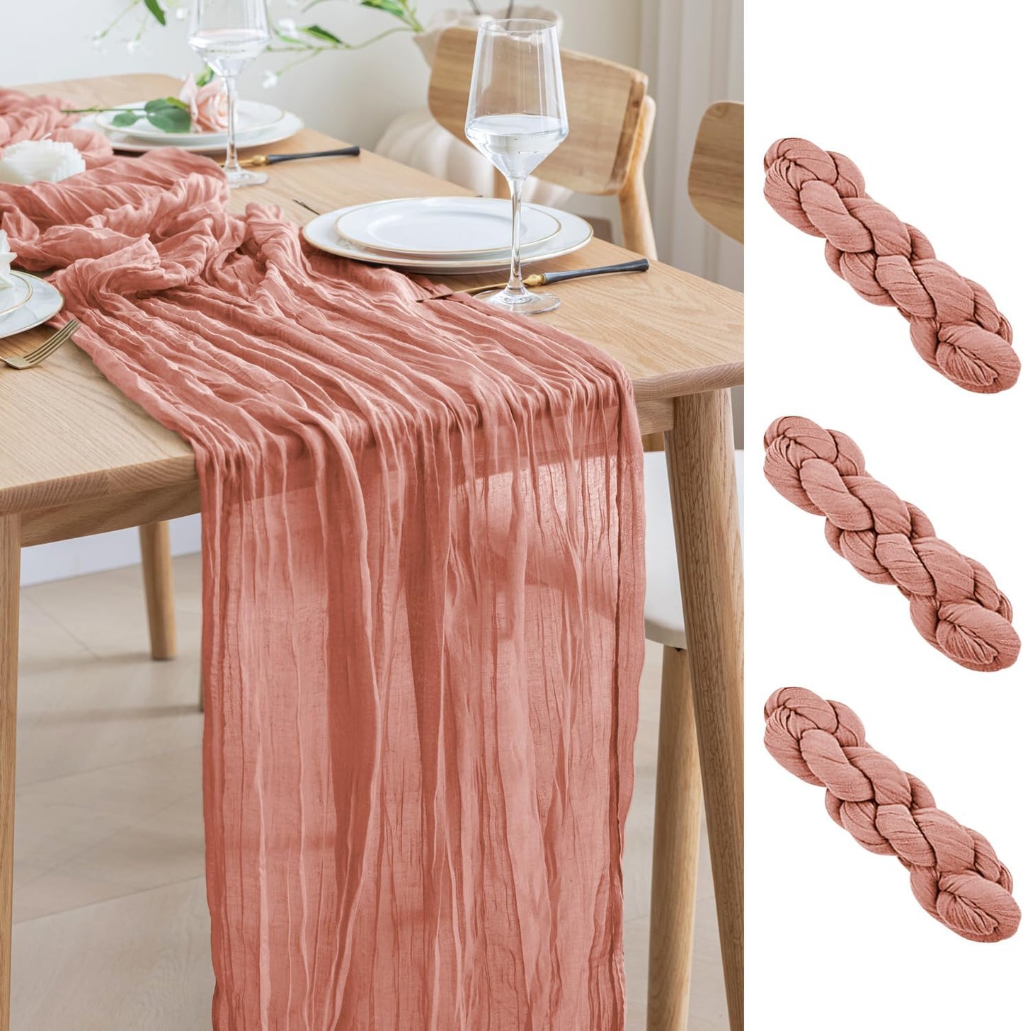 Asee'm 3pcs Cheesecloth Table Runner 120 Inches Dark Rose Boho Gauze Cheese Cloth Runner 10FT Rustic Sheer Table Runners for Summer Wedding Baby Shower Holiday Party Decoration