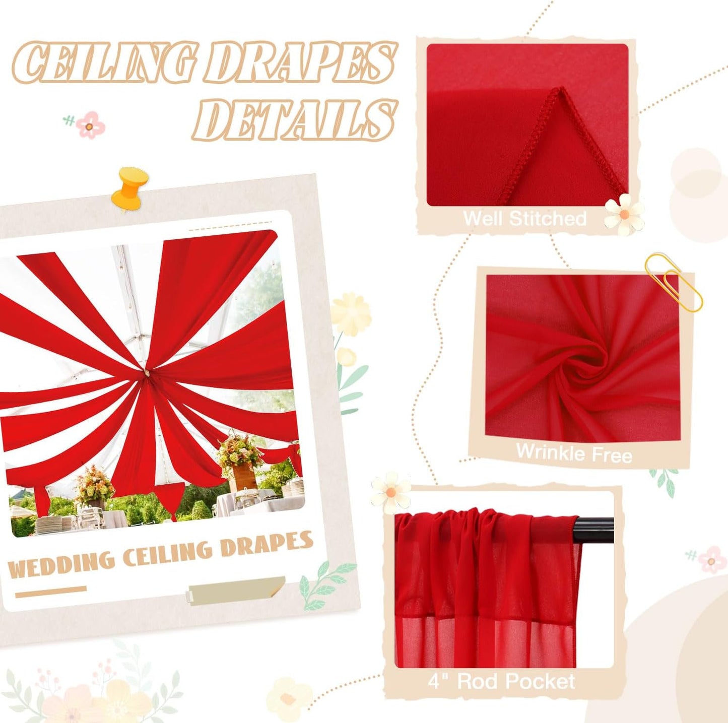 FUHSY Red Ceiling Drapes for Wedding Ceiling Drapes 5FTx20FT 2 Panels Sheer Ceiling Drapes for Parties Wedding Arch Draping Fabric Chiffon Curtain Wedding Drapery Fabric Ceiling Decorations for Party