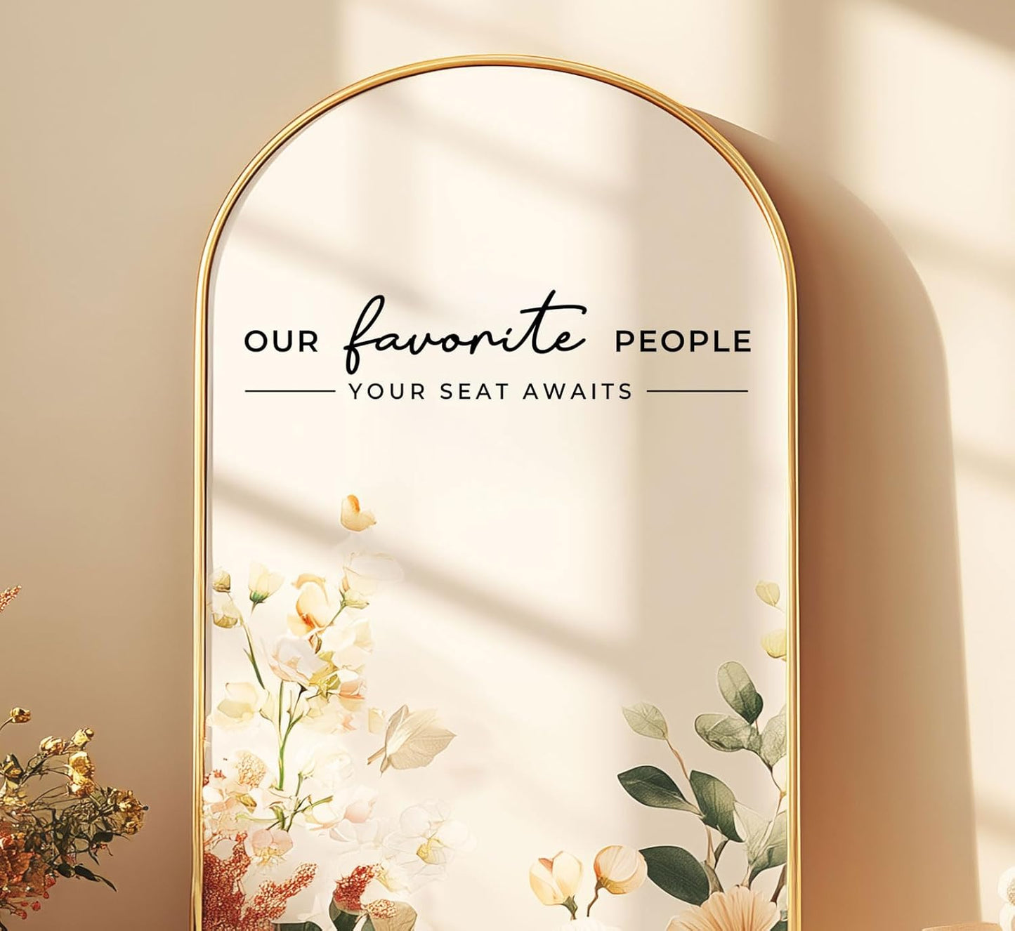 Our Favorite People Vinyl Decal, Please Find Your Seat Sign for Wedding Reception Wedding Vinyl Decal Seating Chart Sticker for Mirror, Your Seat Awaits (Black, Width 17 inch)