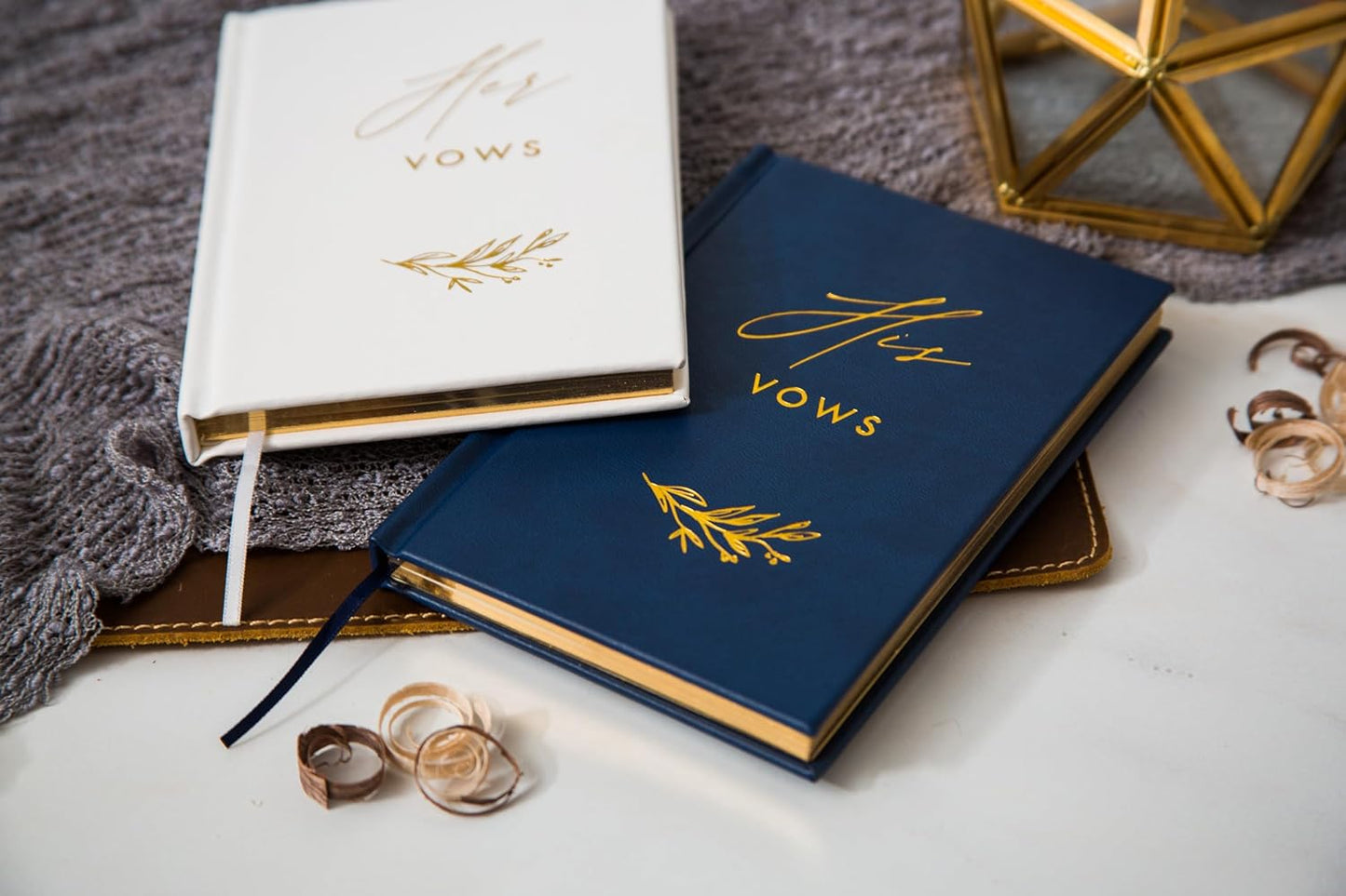 His and Her Vow Books (Set of 2) - Navy & White Hard Cover Gold Embossed Notebook Journal Diary for Nuptial Wedding Cerenomy Vow Renewal / Engagement Gift for Newly Engaged Couples at Bridal Shower