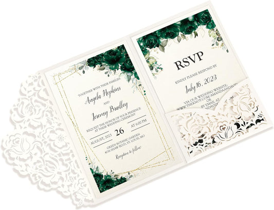 DORIS HOME 50pcs Laser Cut Wedding Invitations with Envelopes and RSVP Cards Green and Ivory White, 4.7x7.1 Personalized Invitation Cards for Wedding, Anniversary Invitations with Envelopes