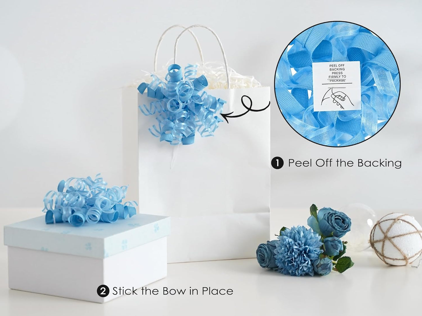 HUIHUANG Blue Bows for Gift Wrapping Baby Blue Gift Bows 5 inch x 8 Counts Self-Adhesive Curly Ribbon Bow for Presents, Paper Bag, Baby Shower Favors, Wrapping Accessories, Party Decor