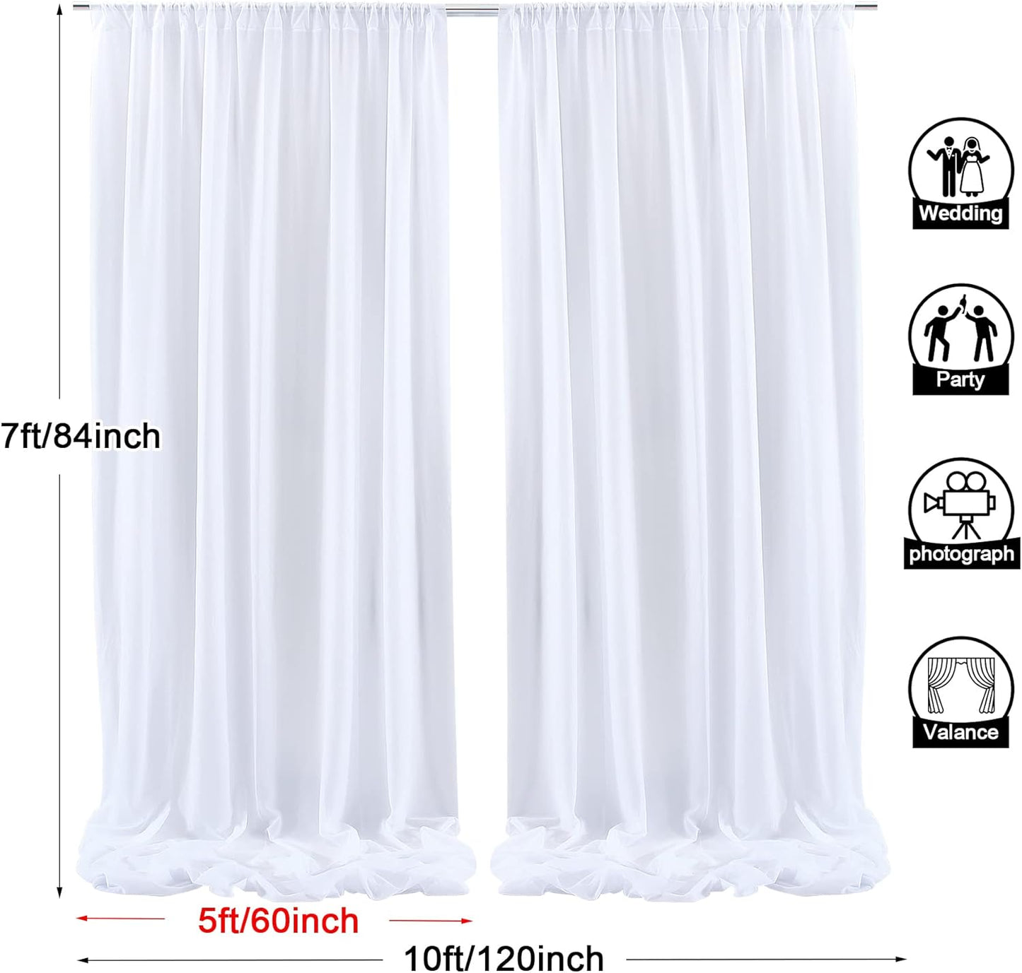 PARTISKY 10x7ft White Chiffon Backdrop Curtains (2 Panels 5x7ft Each) - Wrinkle-Free Sheer Fabric Photo Drapes for Wedding Ceremony Arch Birthday Baby Shower Photography Stage Decor