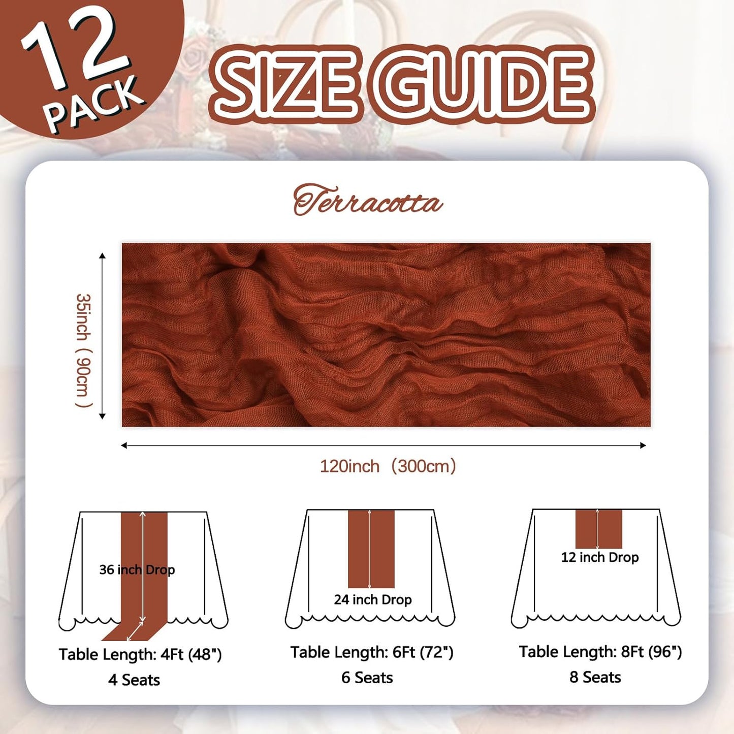 12 Pack Fall Thanksgiving Table Runner Terracotta Cheesecloth 10ft Boho Gauze Fabric Cheese Cloth Burnt Orange Table Runner 35 x 120 Inch Rustic Sheer for Wedding Décor Party Centerpiece Decoration