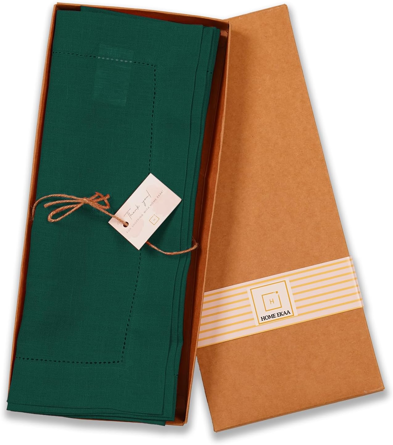 100% Pure Linen Green Table Runner 14 x 36 Inch - Small Hemstitch Christmas Table Runner - Cloth Fabric Runner for Thanksgiving, Winter, New Year - Elara