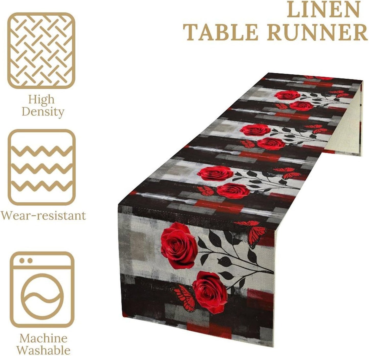 Abstract Art Rose Table Runner, Red Roses Floral Butterfly Black Red Grey Ink Background Pattern Kitchen Dinning Table Runner for Indoor Outdoor Home Wedding Party Holiday, 13x60 Inch