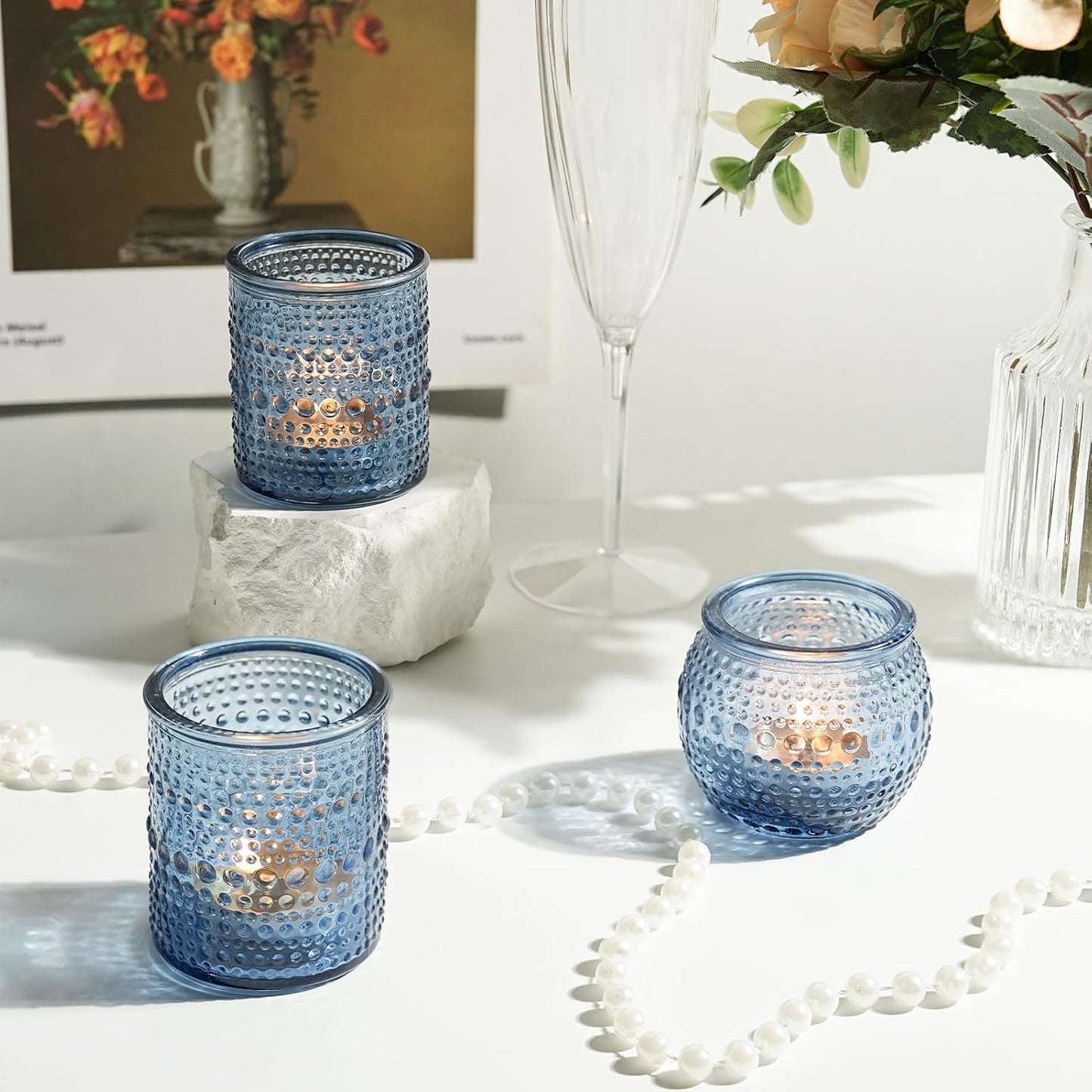 36pcs Votive Candle Holders, 2x2.5inchs Blue Elegant Glass Votives & Tealight Candle Holders for Wedding Centerpieces Party Decorations and Home Decor for Tables (Blue)
