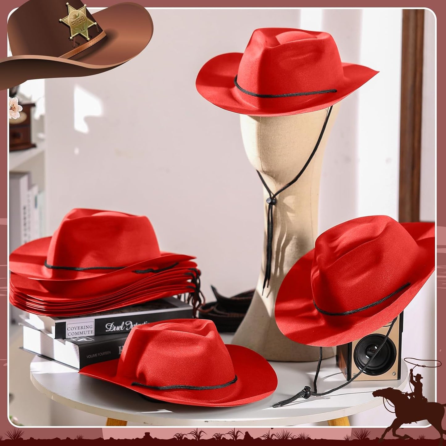 Mepase 24 Pieces Disposable Plastic Western Cowboy Hat Set Felt Wide Brimmed Cowgirl Hats for Men Women Costume Party(Red)
