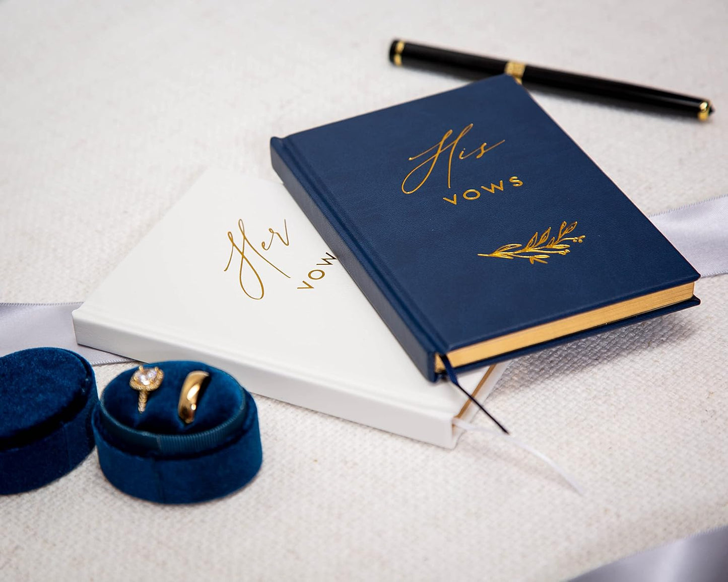 MUUJEE Hard Cover Vow Books (Set of 2) - Foil Embossed Wedding Ceremony Vow Renewal Speech Books, Couple Gifts for Engagement (His Her (Navy & White))