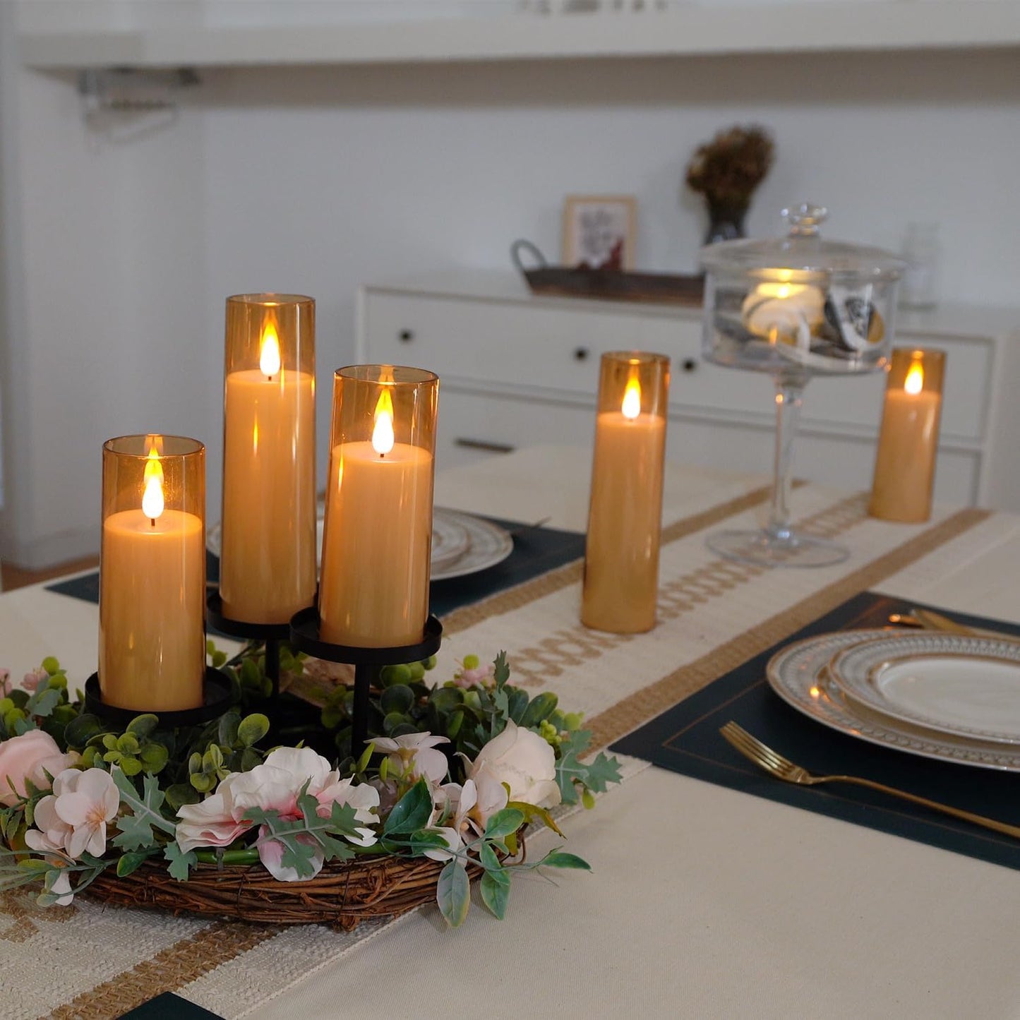 Amagic Flickering Flameless Candles, Battery Operated Candles, Amber Gold Acrylic LED Pillar Candles with Remote and Timer, 3D Wick, Yellow and Blue Glow, D2.2 xH5 5" 6" 7" 8", Set of 5