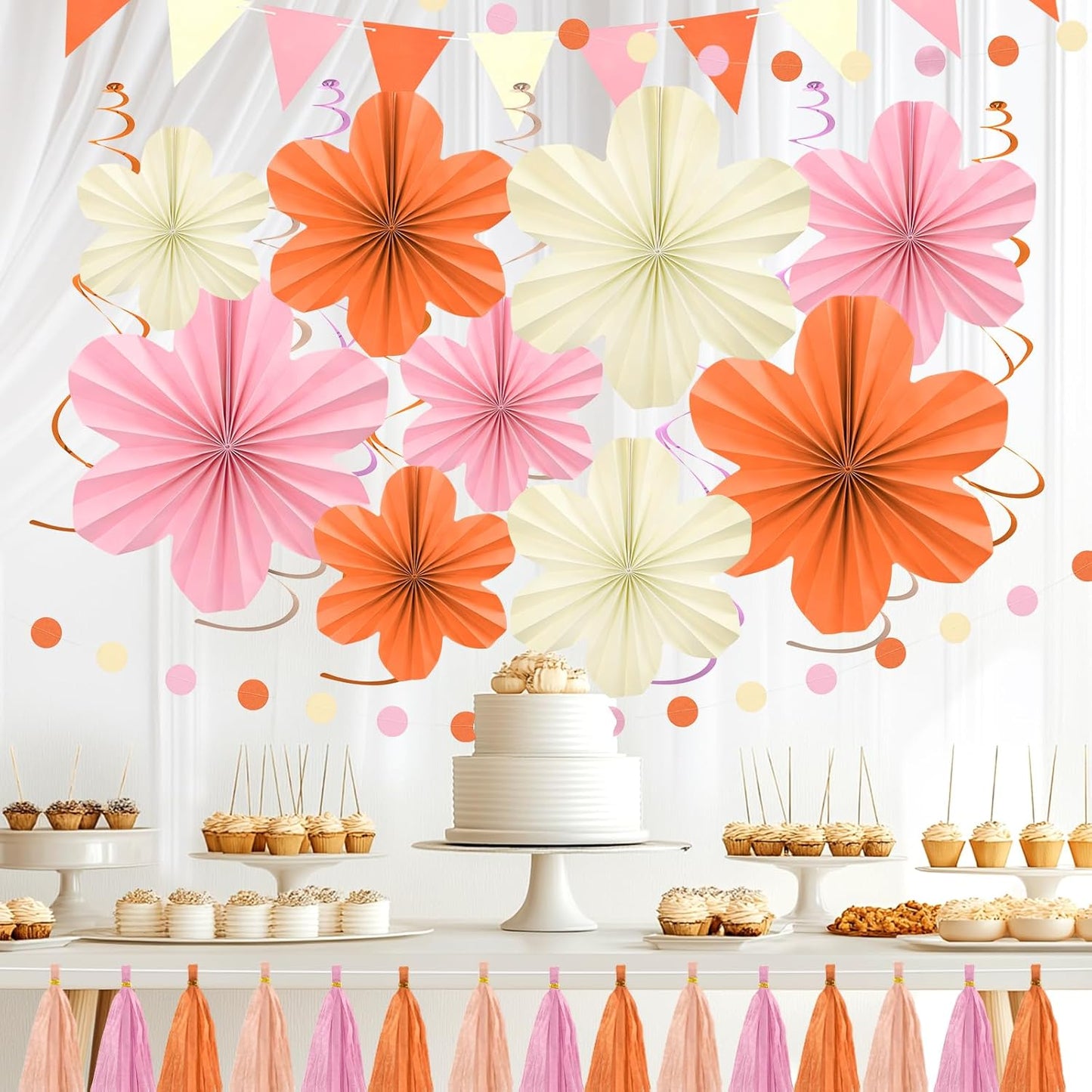 Pink and Orange Party Decorations - Orange Birthday Decoration for Women Girls with Hanging Paper Flowers, Tassel Garland and Swirls, Baby Showers Bachelorette Party Supplies Classroom Decor